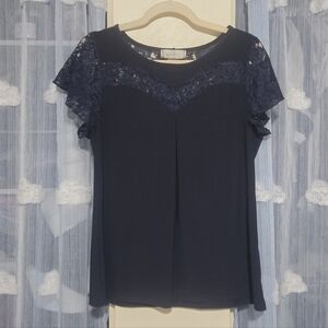 Emma & Olive Navy Lace Short Sleeve Blouse